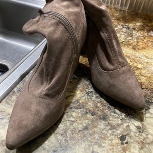 Faux suede taupe boots side zipper chunky heels